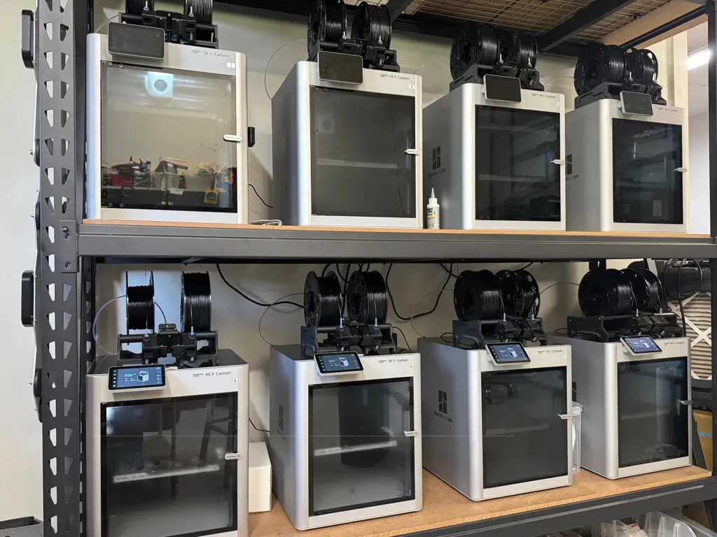 Racks of Bambu Lab P2S printers at the Solidyn print farm in Kelowna, BC